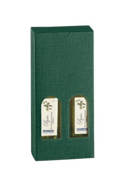 Flaschenkarton 2er grün, Leinenstruktur mit Sichtfenster, 110x55x240mm